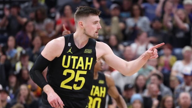 Utah Jazz center Micah Potter (25) reacts to a play against the Denver Nuggets in the second quarter at Vivint Arena.